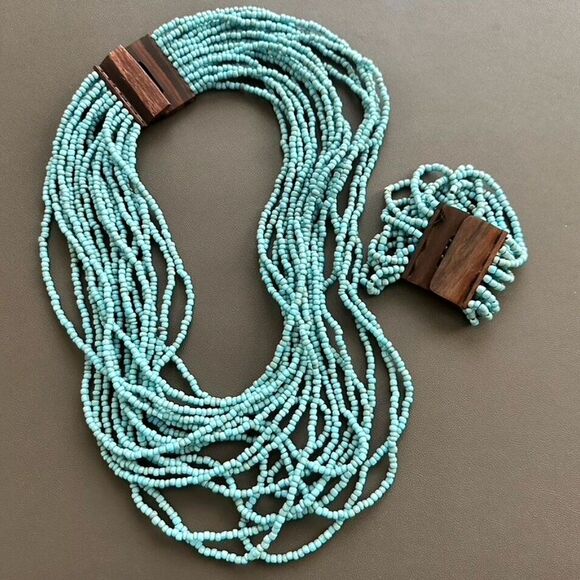 Chunky Blue Beaded Necklace & Bracelet - Wood Multi Strand - Picture 1 of 3